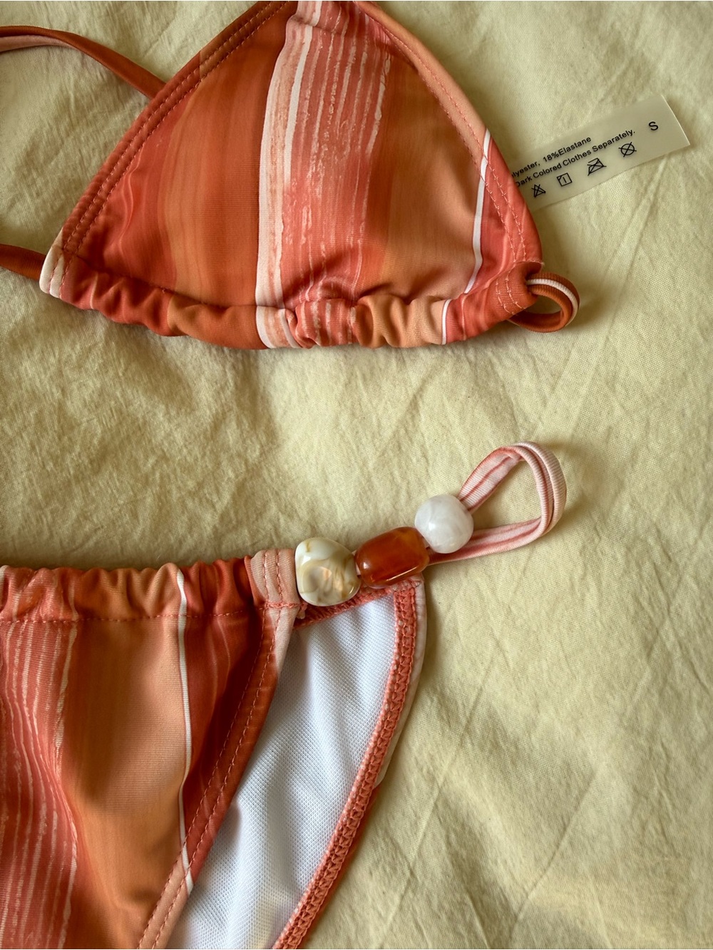 COMMENSE Coral Watercolor Stripe Beaded Triangle Bikini Set S - Picture 6 of 7